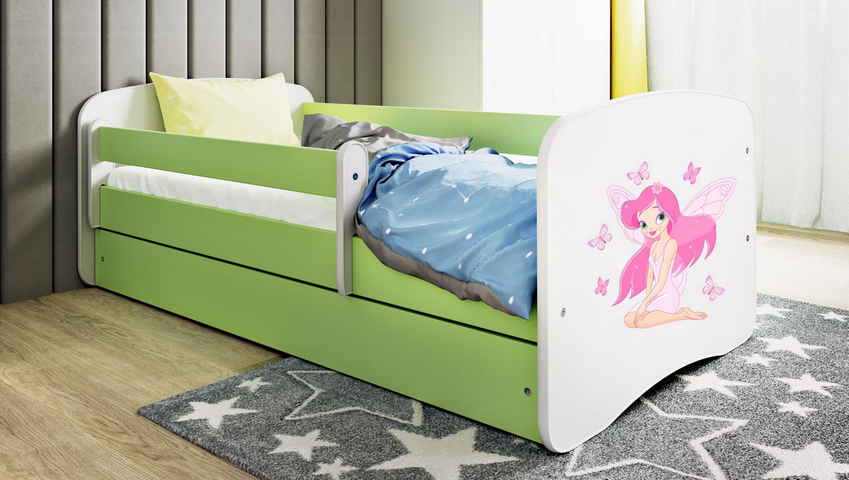 KINDERBETT Fee mit Schmetterlingen mit Schublade und Matratze 140/70 - Grün, Holzwerkstoff (70/140cm) - RAUMHIRSCH FURNITURE