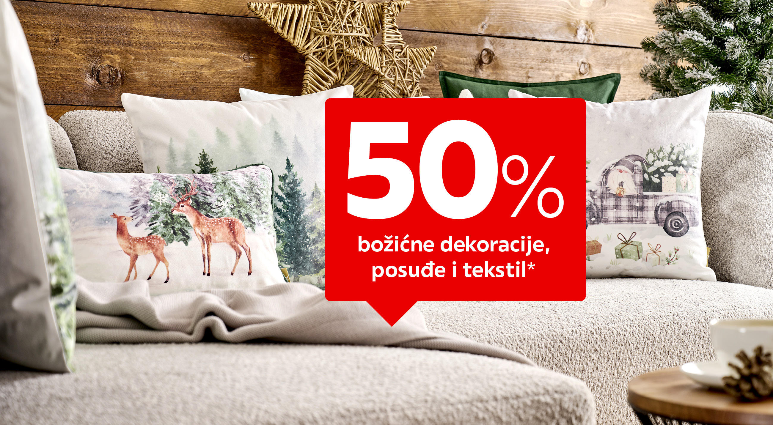 50% božićne dekoracije, posuđe i tekstil*
