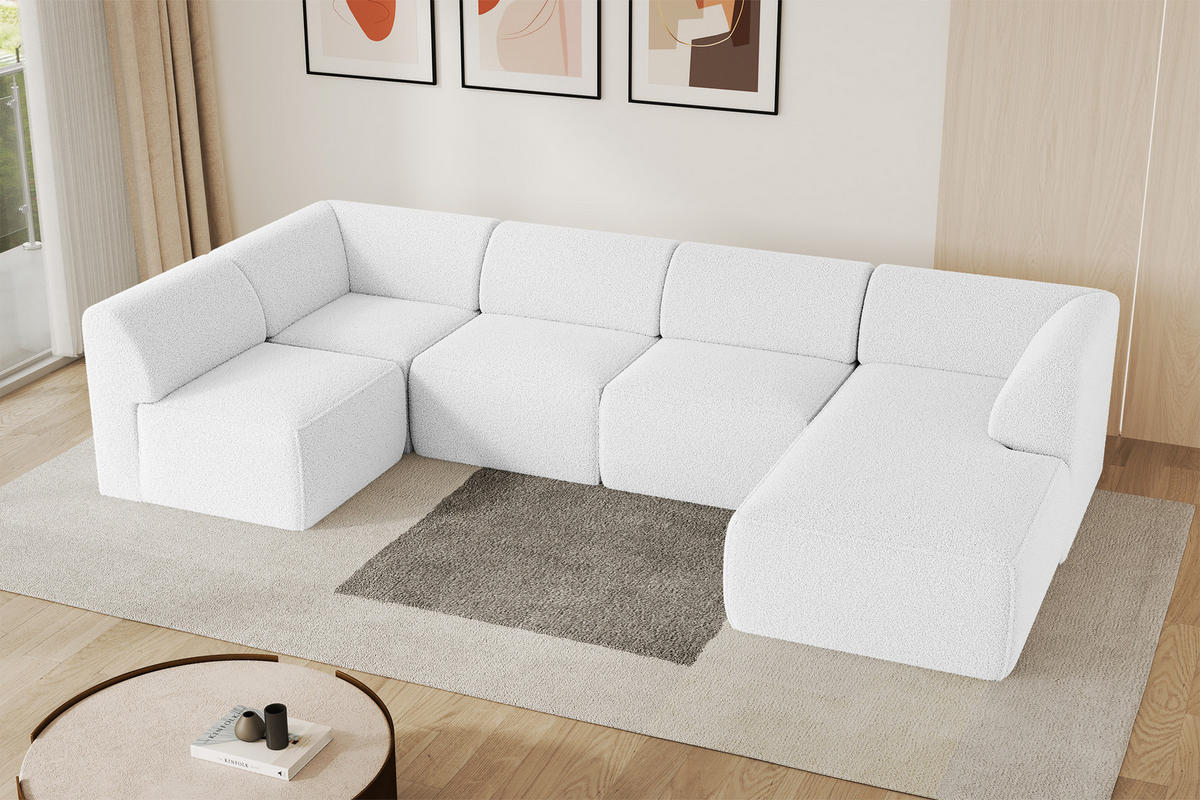 WOHNLANDSCHAFT Ottomane Rechts MOVO-L 345x180x78 cm Weiß Bouclé - Weiß, Holzwerkstoff/Kunststoff (180/78/345cm) - ALTDECOR