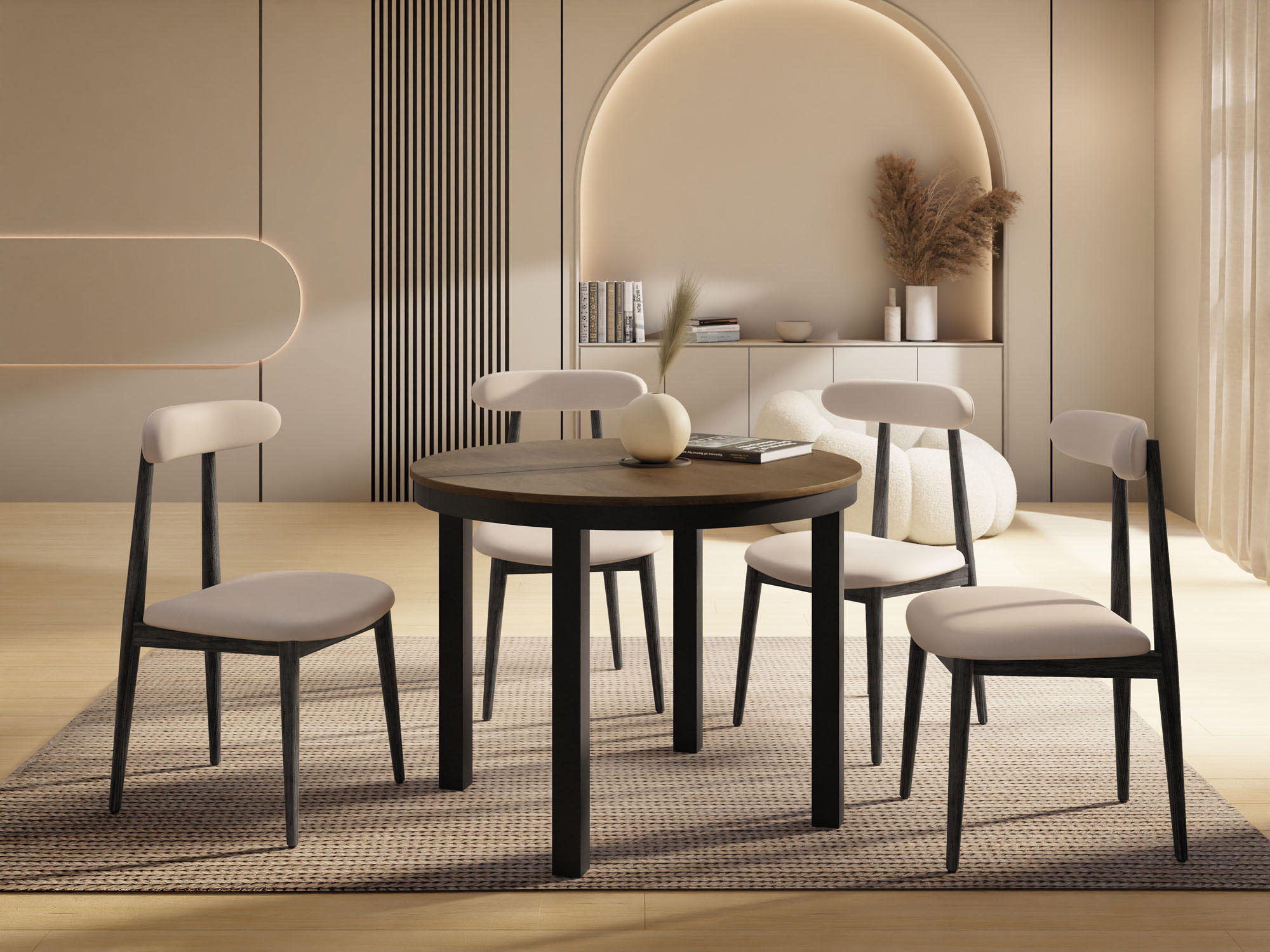 ESSTISCH Corin Schwarz runder ausziehbarer, Lefkas Eiche 100-176/100/76 cm - Alteiche/Schwarz, Holzwerkstoff/Metall (100/100/76cm) - WFL GROUP