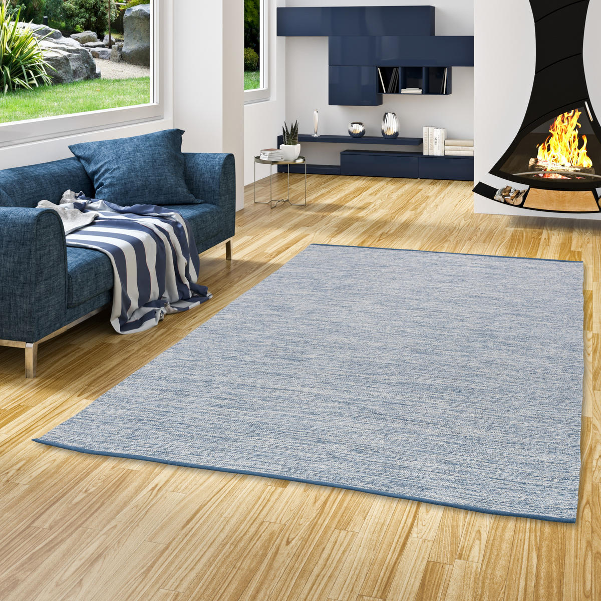 BAUMWOLLE NATUR KELIM TEPPICH EASY MELIERT - Blau, Textil (70/140cm) - Pergamon