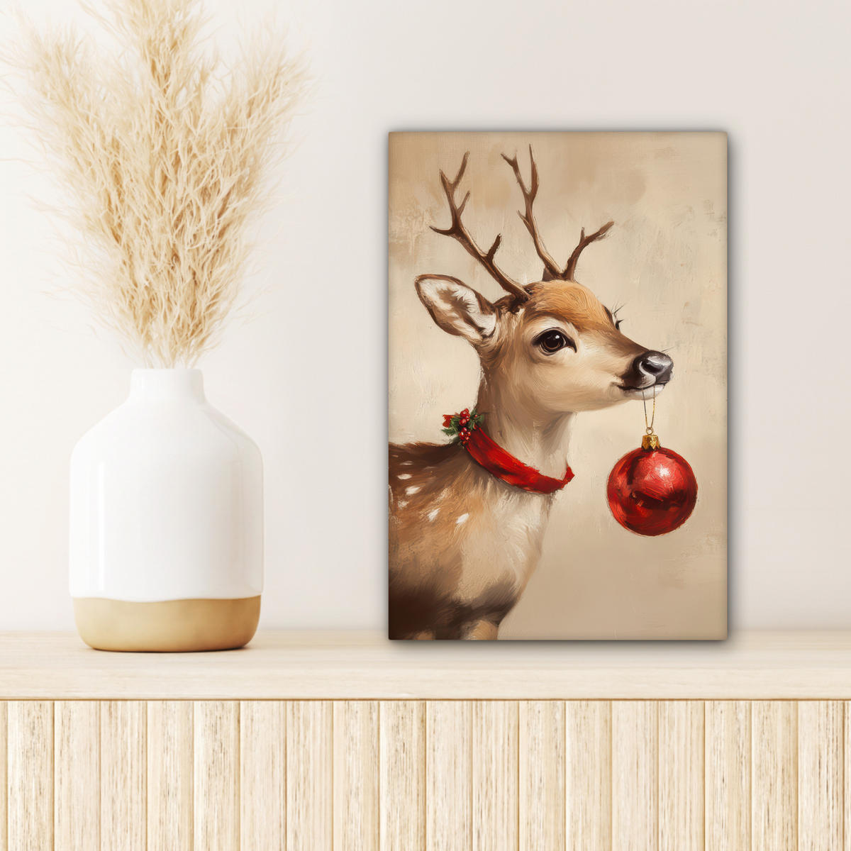 LEINWANDBILD Weihnachten - Hirsch - Geweih - Weihnachtskugel - Rentier Deko Wohnzimmer 20x30 cm - Hellbraun, Textil (20/30cm) - MuchoWow