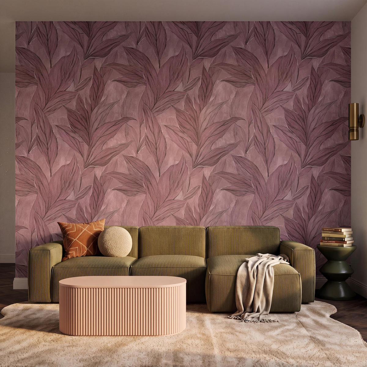 TAPETE - Blätter - Muster - Lila - 350x280 cm - Altrosa, Papier (350/280cm) - OnlyWow
