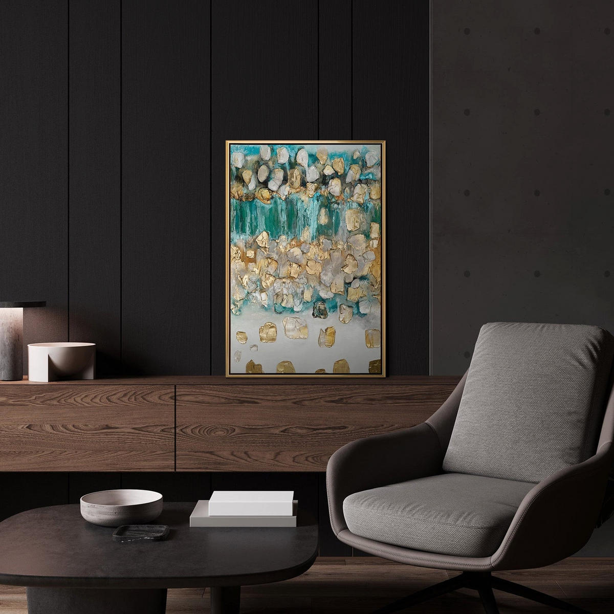GEMÄLDE Rhythmus der Unendlichkeit Schattenfugenrahmen Gold 60x40 cm - Goldfarben, Holz (60/40cm) - YS-art gallery