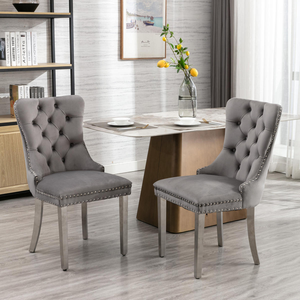 STUHL 2er-Set mit hoher Rückenlehne Samt Grey - Grau, Metall (50/95/65cm) - Meubliv