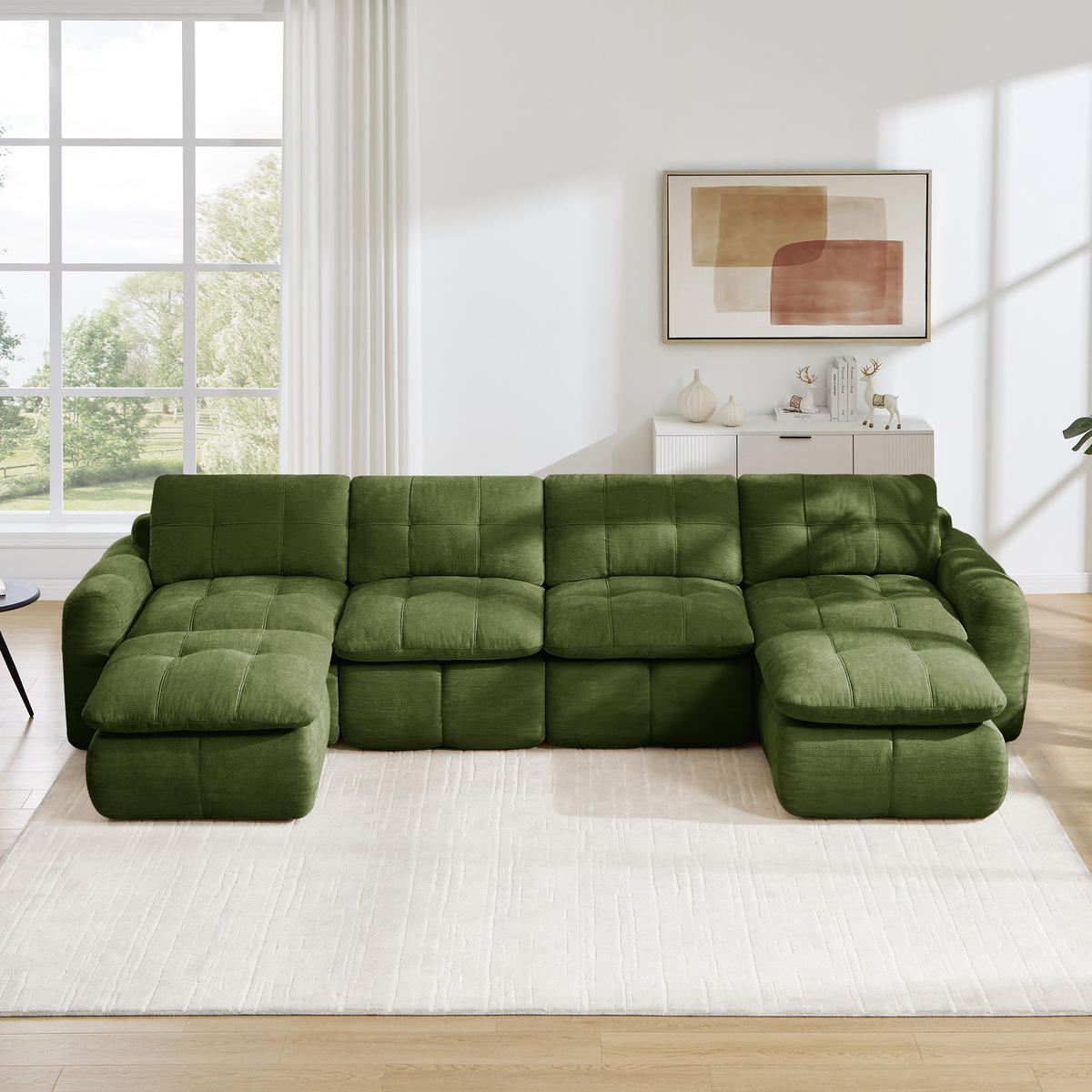 WOHNLANDSCHAFT DE-34464 U-Form mit 2 Ottomanen und Karostepp Grün - Grün, Textil (160/68.5/334cm) - ComfortXL