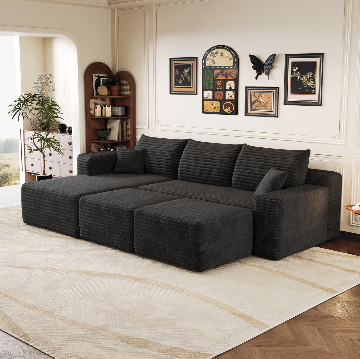 ECKSOFA 241/151/58 cm schwarz aus Stoff mit Cordbezug und Chaiselongue - Schwarz, Textil (151/241cm) - OKWISH