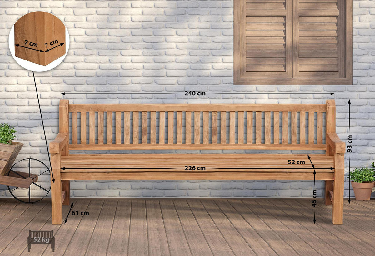 GARTENBANK Teakbank Degad Holz Teak Holzbank 240cm - Teakfarben, Holz (240/93/61cm) - DELUKE