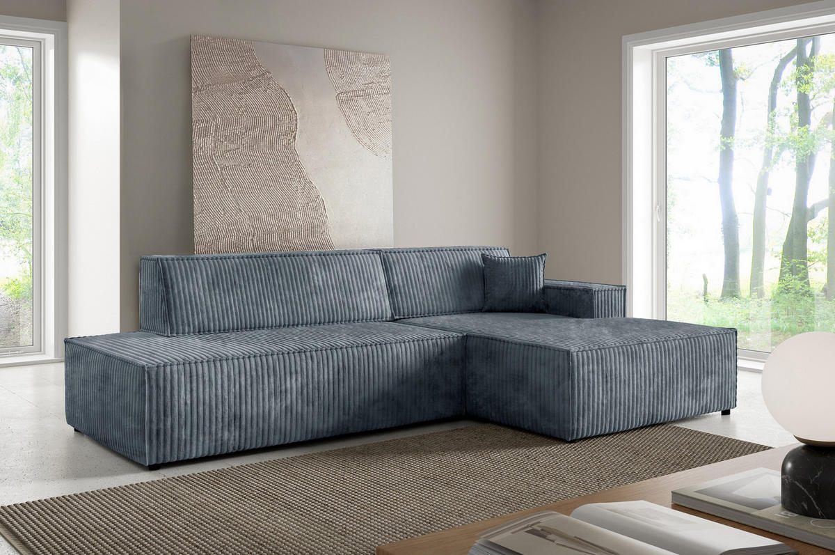 ECKSOFA TESSO R-S Grau Kordstoff mit Schlaffunktion - Grau, Holz (247/170cm) - MASSENO