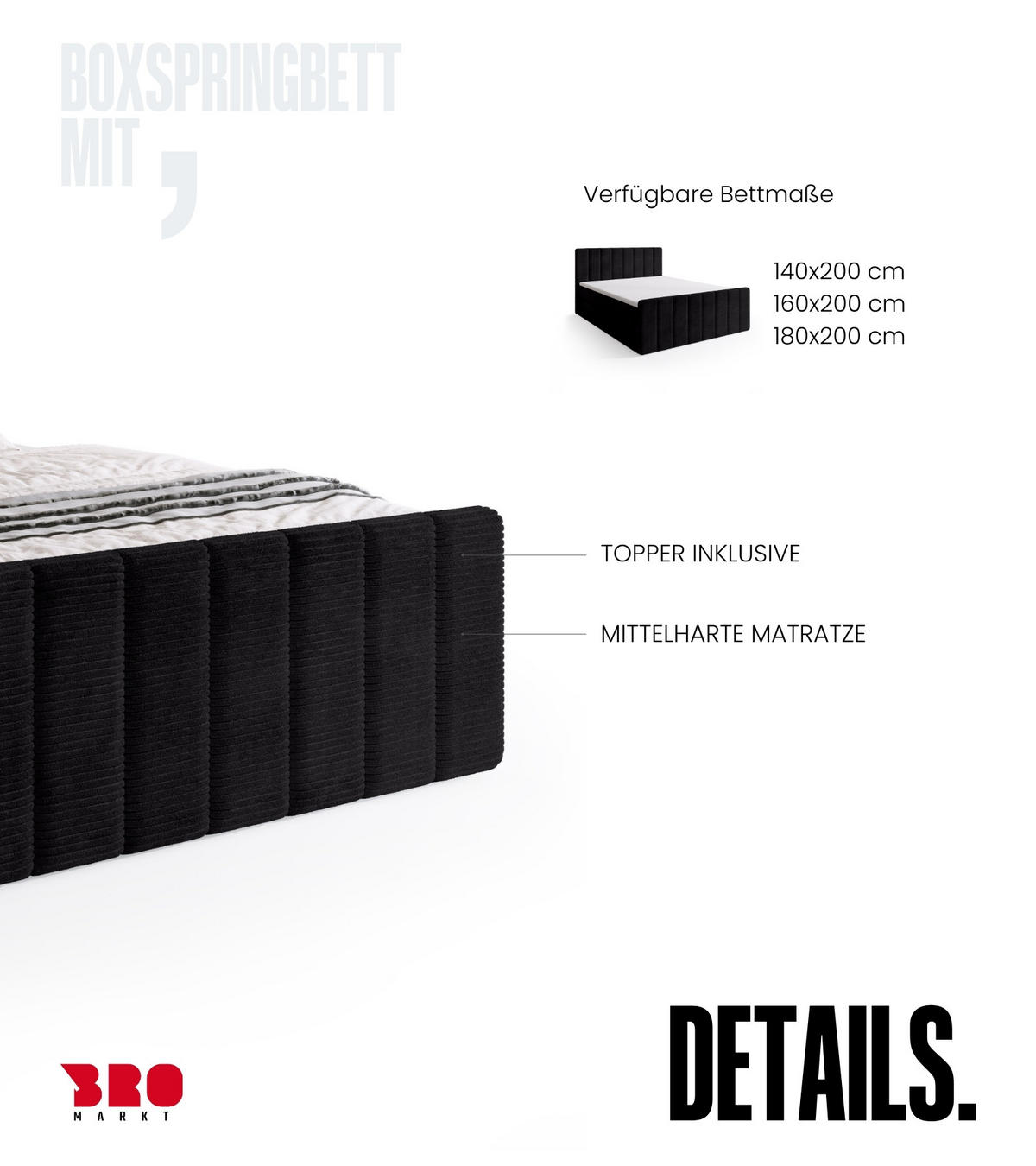 BOXSPRINGBETT Denver DUO mit Topper 180x200 Anthrazit - Anthrazit, Textil (180/200cm) - Bromarkt