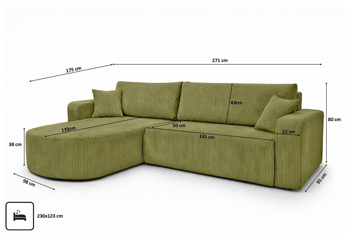 ECKSOFA Mit Schlaffunktion, Cordstoff Poso, Olive, Links, ROUND ONE XL - Olivgrün, Holz (271/175cm) - Kaiser Möbel