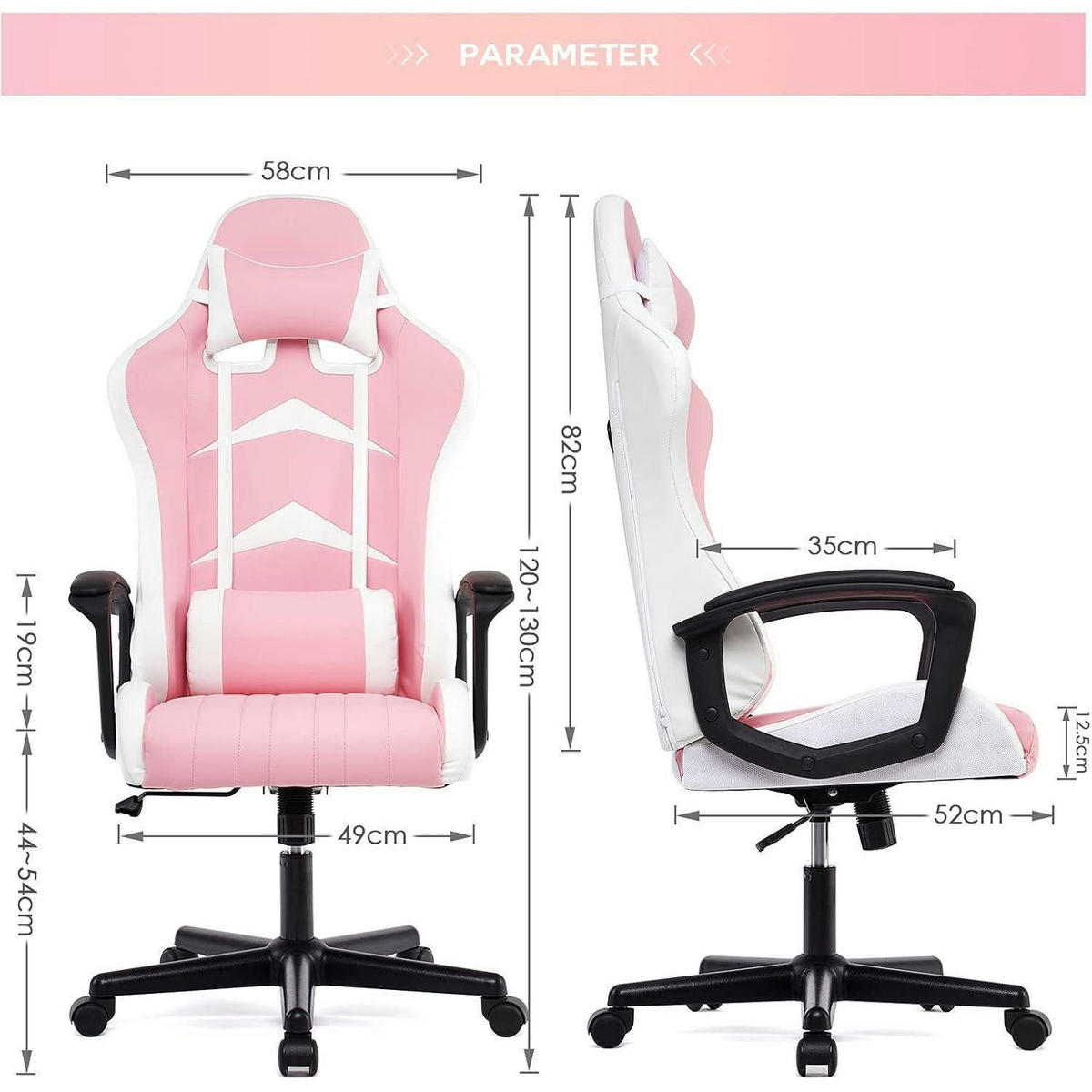 GAMING Stuhl mit Kopf- und Lendenkissen Rosa 52 x 49 x 130 cm - Rosa, Kunststoff (49/130/52cm)