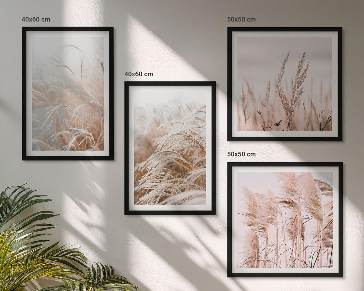 BILDER SET 4er Set - 50x50 cm & 40x60 cm Schwarzer Rahmen - Grasfelder in Braun- und Beigetönen - Schwarz, Kunststoff (50/50cm) - TULUP
