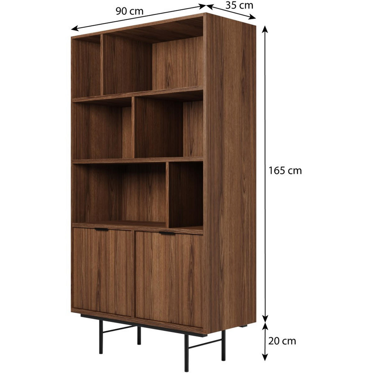 BÜCHERREGAL Evron mit 4 offene Regalböden, Walnuss - Walnussfarben/Schwarz, Holzwerkstoff/Metall (90/185/35cm) - Beautysofa