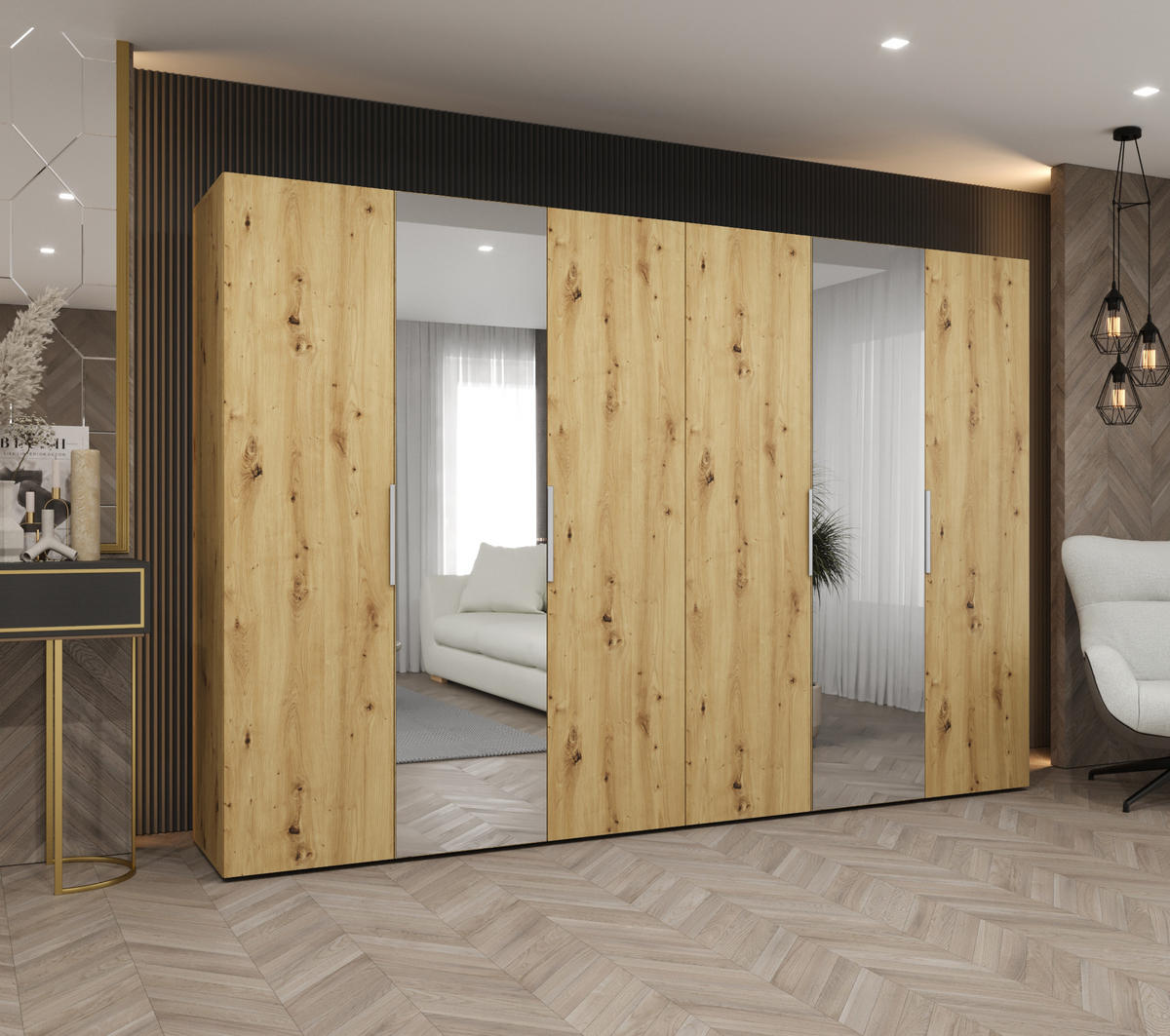 DREHTÜRENSCHRANK 202/300/52 6-türig - Kaschmir/Goldfarben, Holz (300/202/52cm) - MÖBEL KRYSPOL