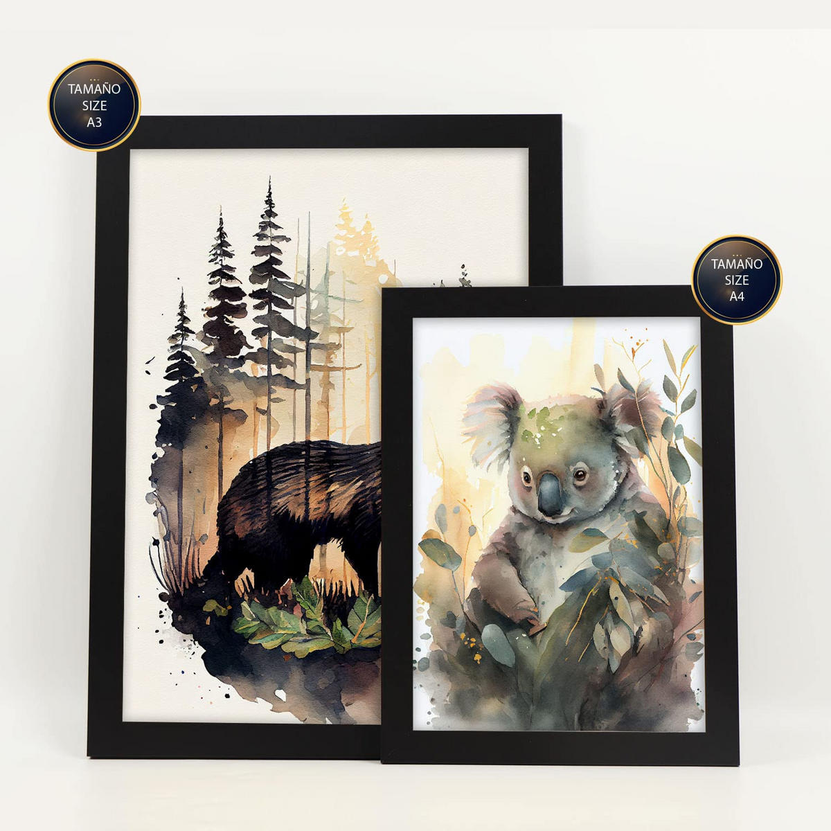 POSTER Set Mit 6 Unabhängige Kreaturen Illustrationen Von Tieren In Naturlandschaften, Realistischer Aquarellstil A3 & A4 Schwarzer Rahmen - Schwarz, Papier (29/3cm) - Nacnic