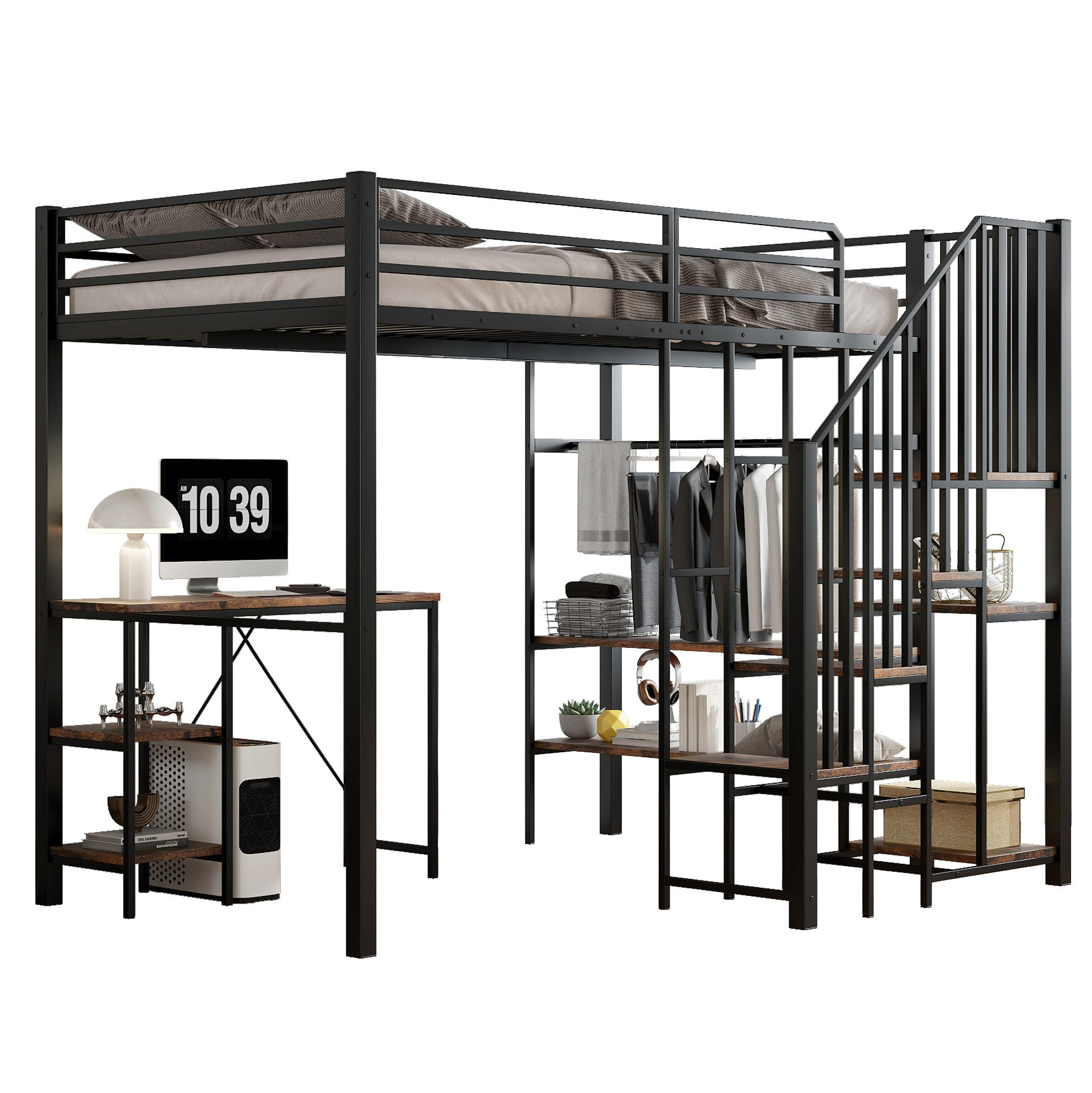 HOCHBETT 120/200 cm aus Metall mit Schreibtisch und offenem Kleiderschrank - Schwarz, Holzwerkstoff (120/200cm) - BEAOK