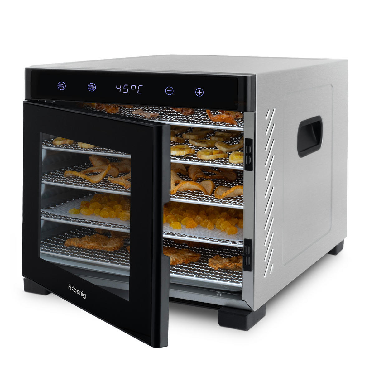 DÖRRAUTOMAT DSY900 Schwarz, 6 herausnehmbare Trocknerplatten, variable Thermostat von 35 ° bis 70 °C, Touchscreen, 650 W - Schwarz/Grau, Metall (34/31.1/45cm) - HKoenig