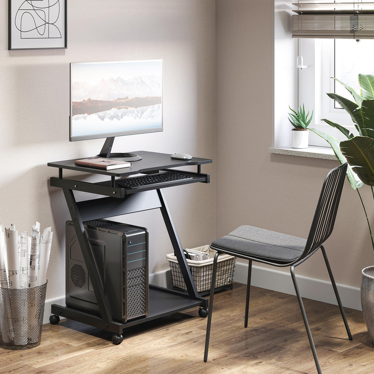 COMPUTERTISCH Schwarz rollbar mit Tastaturauszug und Ablage 60/48/73 cm - Schwarz, Holzwerkstoff (48/60/73cm) - PANGIVO