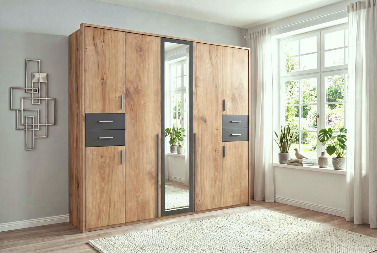 DREHTÜRENSCHRANK Kleiderschrank B228/H210/T58 cm mit Schubkästen & Passepartout & 1 Spiegeltür, Eiche Dekor mit Absetzungen in Grafit / 22570 - Eichefarben/Silberfarben, Holzwerkstoff/Kunststoff (228/210/58cm) - luma-home
