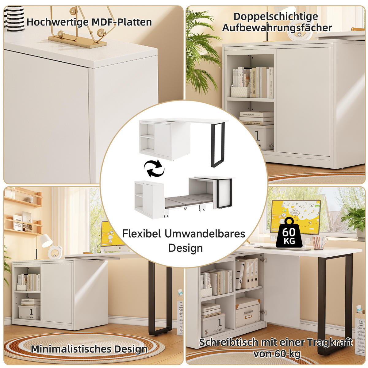 KLAPPBETT mit Schreibtisch 216 x 116 cm Metall/Holzwerkstoff Weiß - Weiß, Metall (116/216cm) - Beauniv