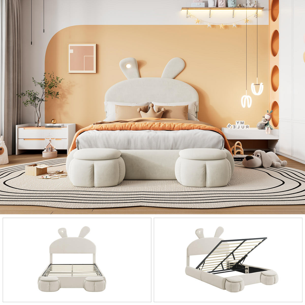 POLSTERBETT 140/200 cm in Beige Samt mit Bettkasten, LED und 2 Hockern - Beige, Holzwerkstoff/Textil (140/200cm) - WISHDOR