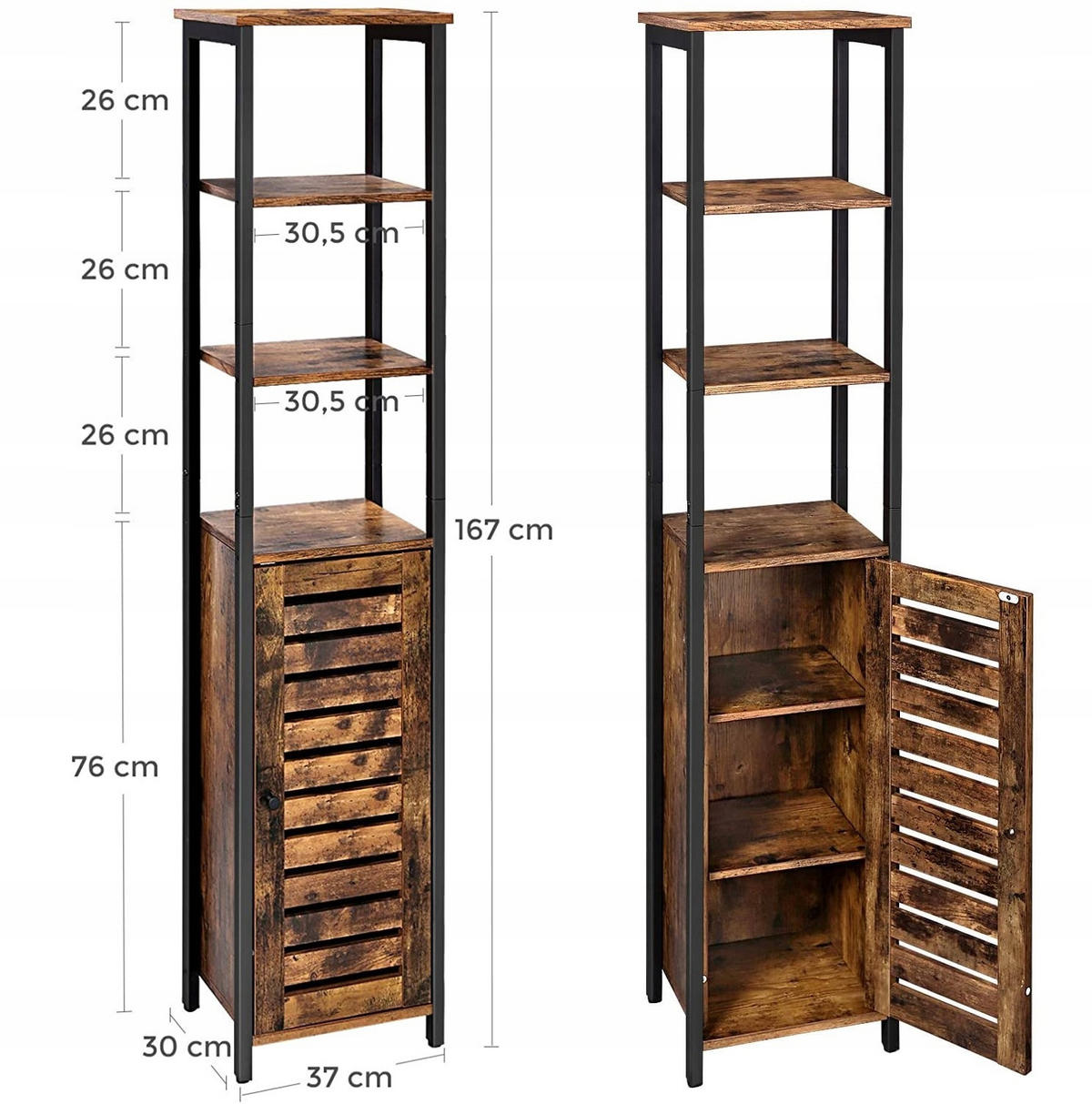STANDREGAL Holzoptik Metall Dunkelbraun Schwarz 167x37x30 cm - Dunkelbraun/Schwarz, Holzwerkstoff/Metall (30/167/37cm) - Begryf