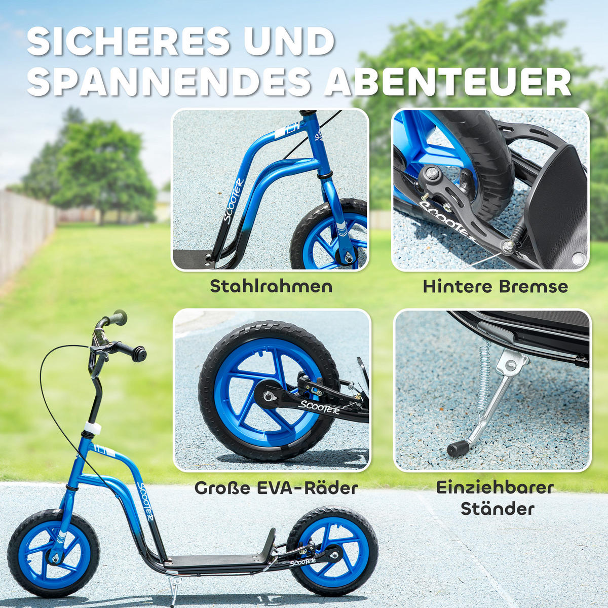 ROLLER Kinder Tretroller Kickscooter mit verstellbarem Lenker 12 Zoll Räder Blau - Blau, Kunststoff (115/50/88cm) - AIYAPLAY