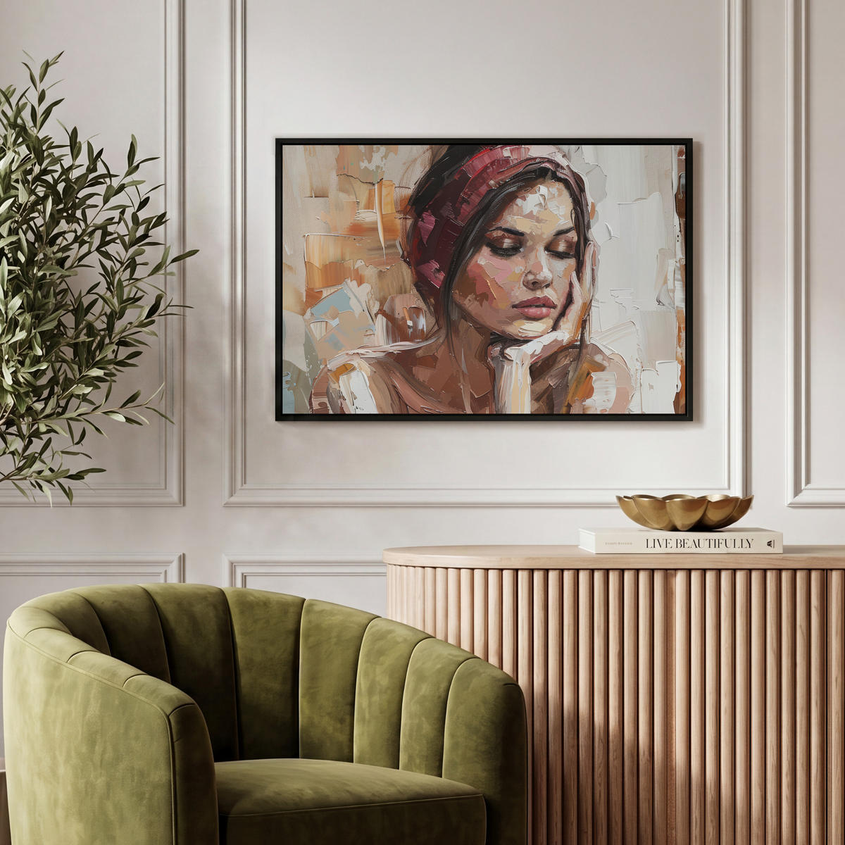 LEINWAND Bilder mit Rahmen - Frau - Lackierung - Porträt - Modern - 60x40 - Altrosa, Textil (60/40cm) - MuchoWow