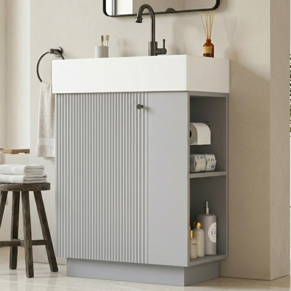 WASCHTISCHKOMBI 55/32/87 cm Grau mit abnehmbarem Toilettenpapierhalter, ohne Wasserhahn - Grau, Holz/Holzwerkstoff (32/87/55cm) - Oxeza