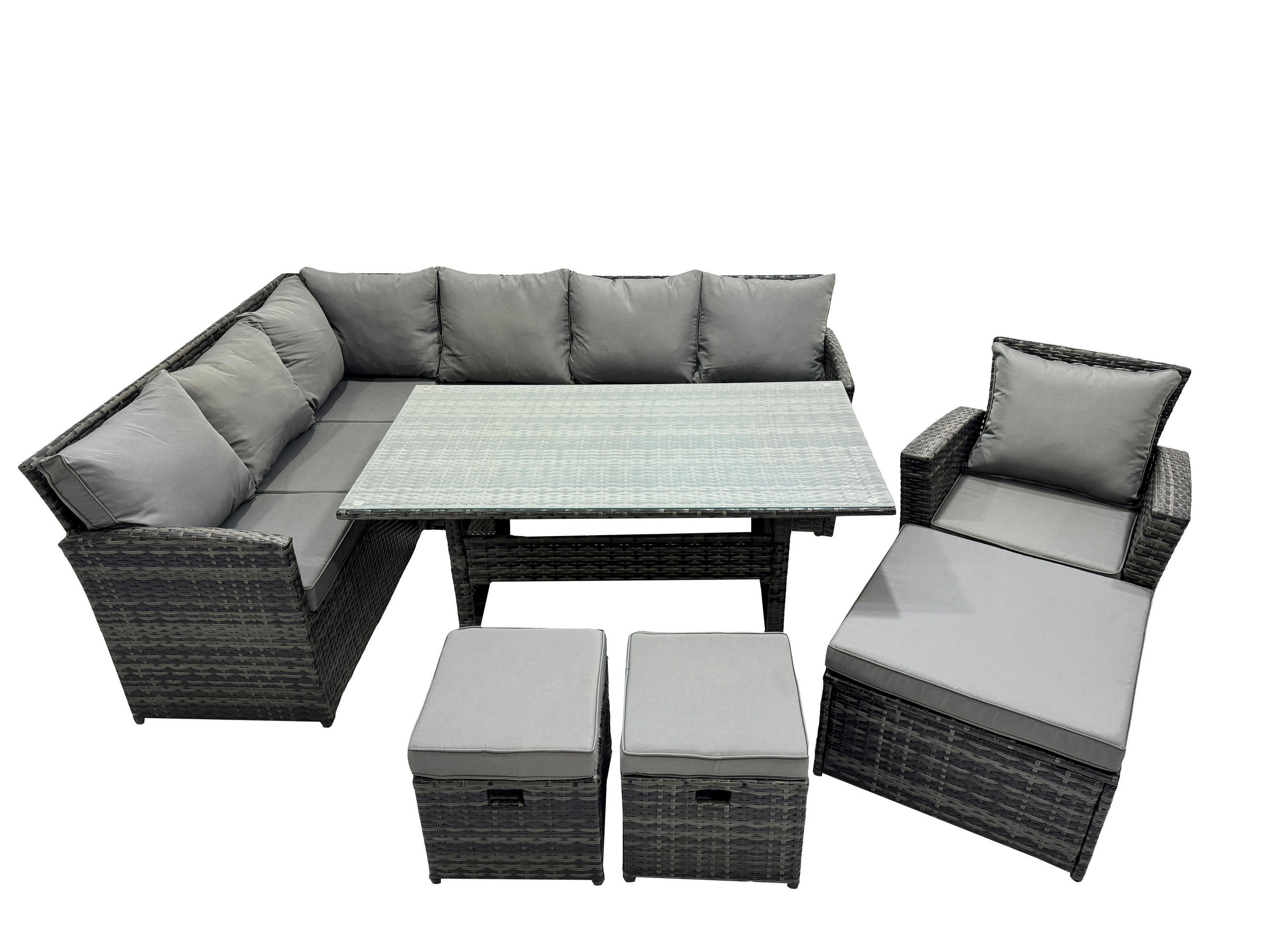 SITZGRUPPE mit Esstisch,3 Fußhocker,Stuhl Polyrattan Dunkelgrau 10-Sitzer - Dunkelgrau/Grau, Glas/Kunststoff - Fimous