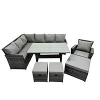 SITZGRUPPE mit Esstisch,3 Fußhocker,Stuhl Polyrattan Dunkelgrau 10-Sitzer - Dunkelgrau/Grau, Glas/Kunststoff - Fimous