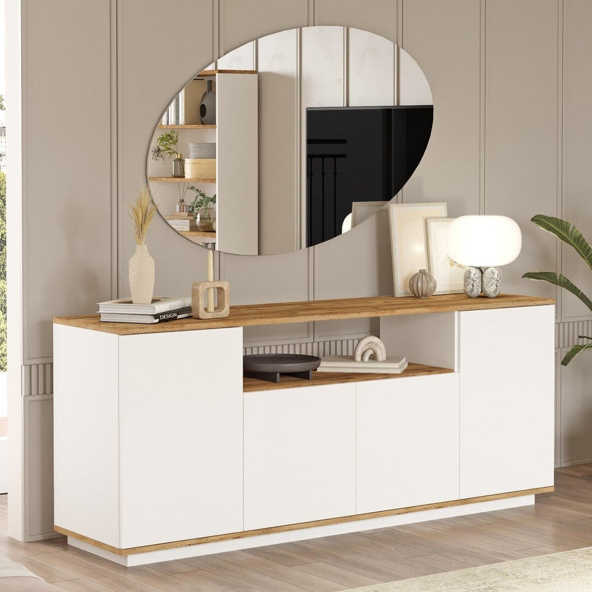 SIDEBOARD 4 Türen, 1 offenes Fach Dekor Pinienholz und Weiß B180 cm - Apfelbaumfarben, Holz/Holzwerkstoff (44.5/75/180cm) - Calicosy
