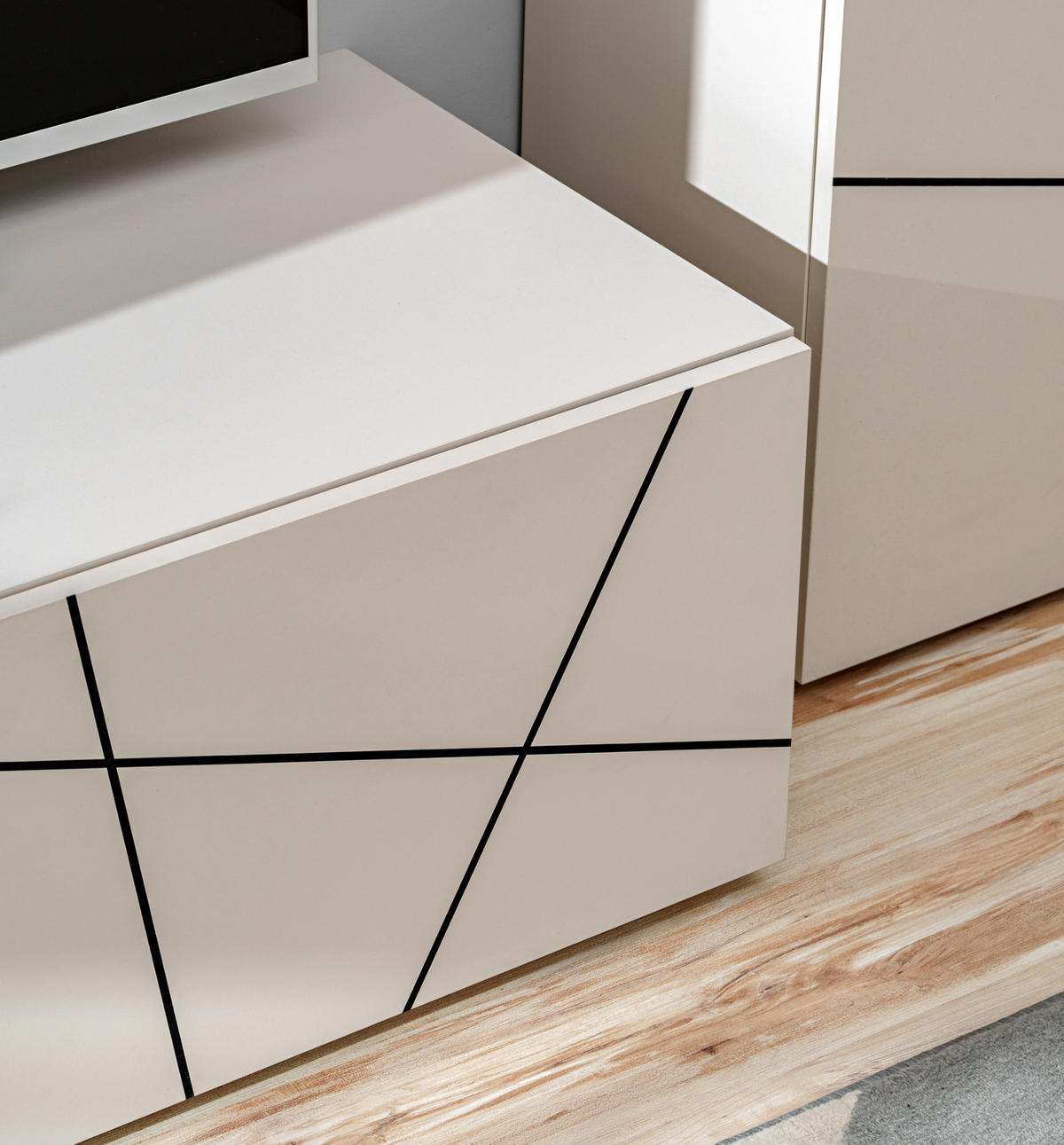 WOHNWAND Kaschmir, schwarz 180 cm, Schrankwand mit Streifendruck, Push-to-Open - Kaschmir/Schwarz, Holzwerkstoff/Kunststoff (180/180/45cm) - Furn.Design