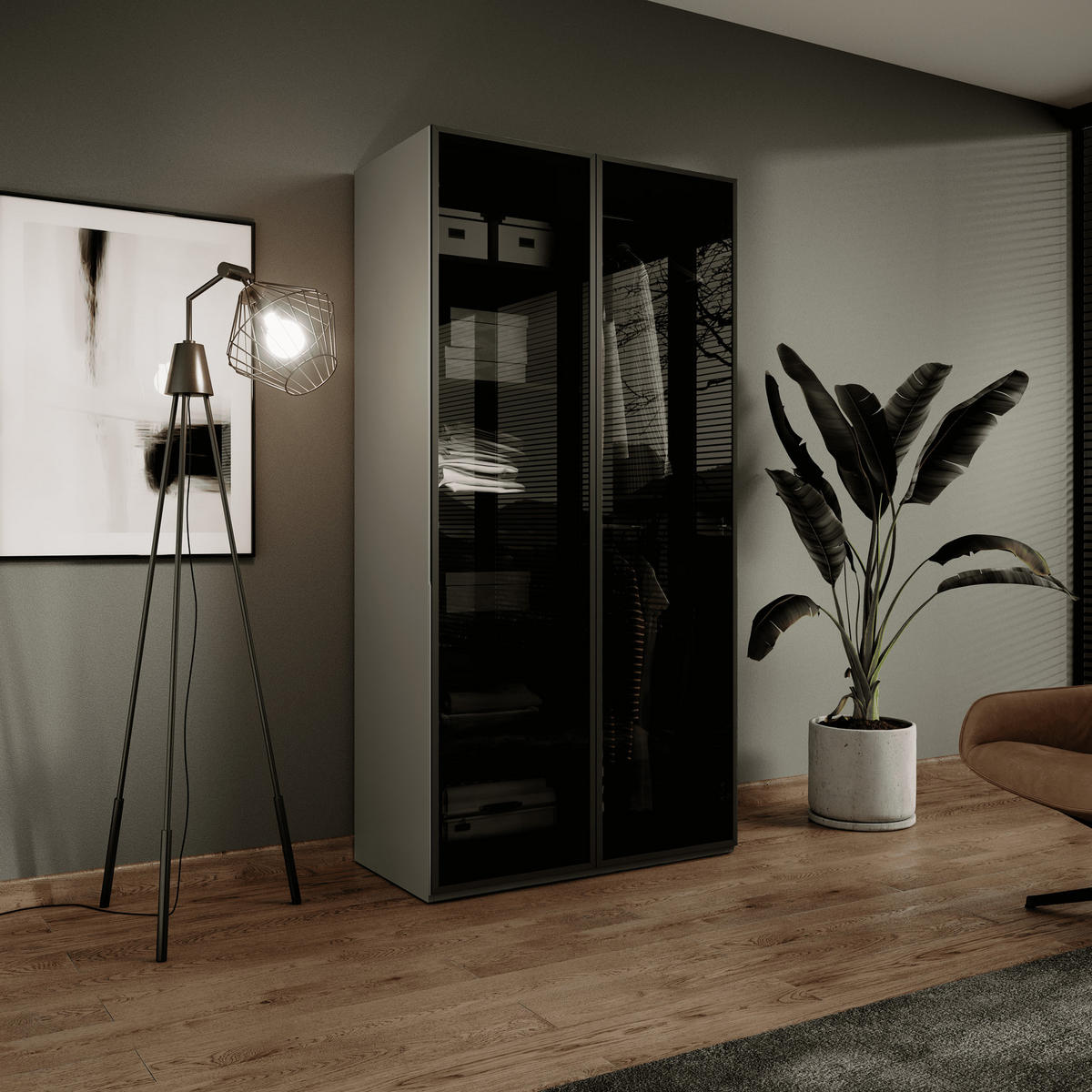 KLEIDERSCHRANK ZEN (Modular, Grau Matt, Getöntes Glas Antisol, 2-türig) - Schwarz/Grau, Holz/Holzwerkstoff (101/200/51cm) - Ravio
