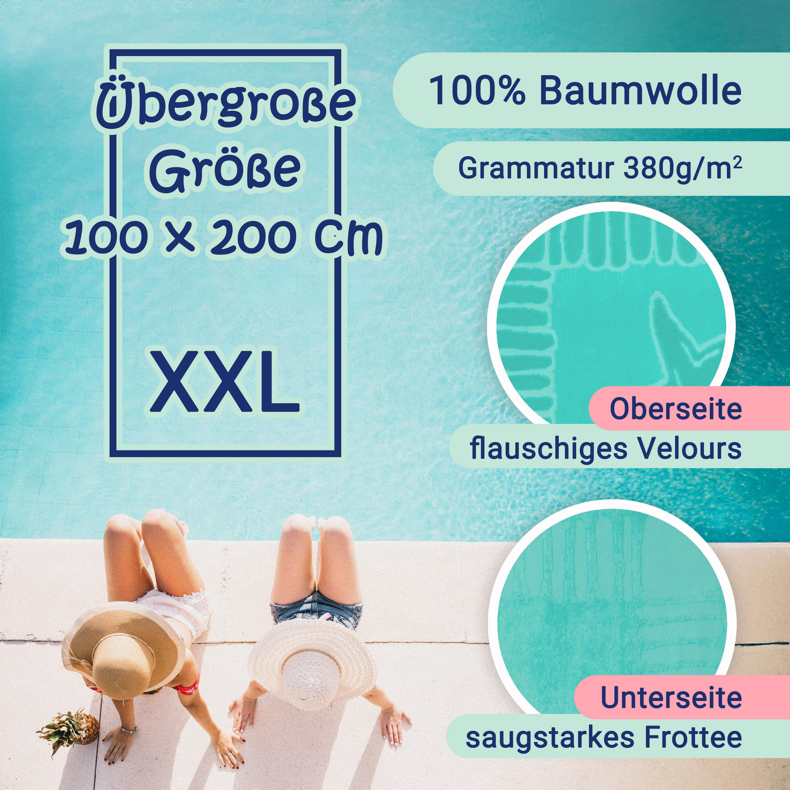 STRANDTUCH, 100x200 cm, 100% Baumwolle, Grün - Türkis, Textil (100/200cm) - Zollner