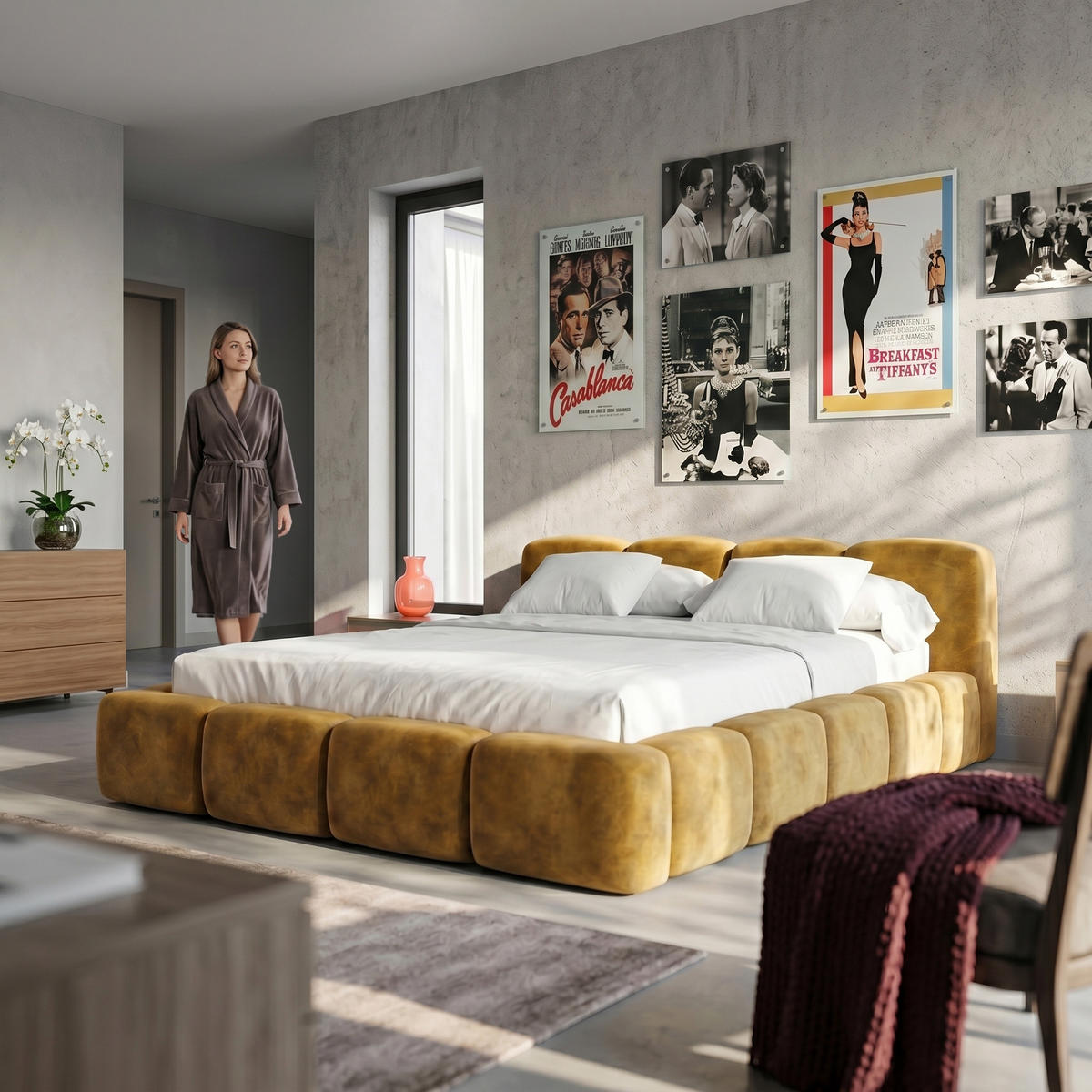 POLSTERBETT SUENO 140x200 cm in Gelb, gepolstertes Kopfteil, Metalllattenrost, Bettkasten, Velour-Stoff - Gelb/Naturfarben, Holz/Textil (140/200cm) - Muffo