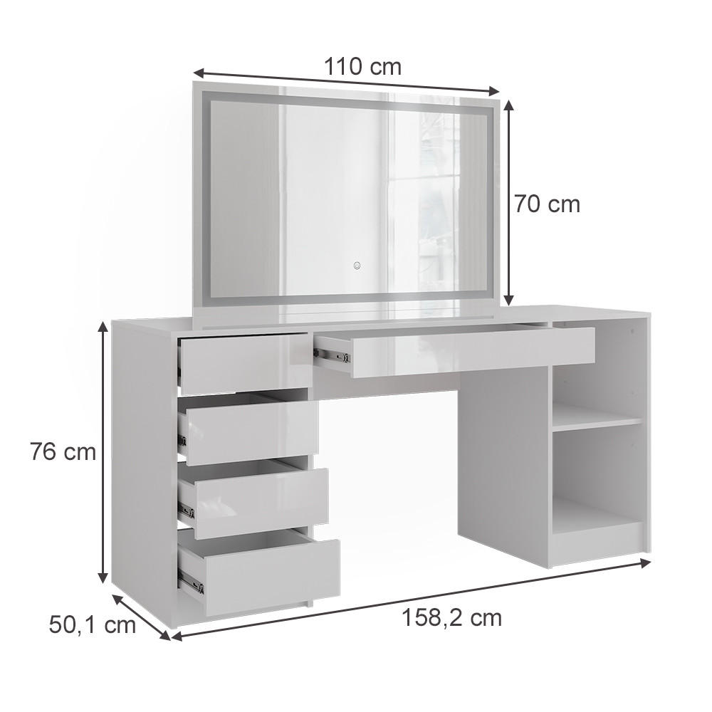 SCHMINKTISCH Sherry Weiß/Weiß Hochglanz 158.2 cm mit LED-Spiegel - Weiß Hochglanz, Holzwerkstoff (158.2/76/50.1cm) - Vicco
