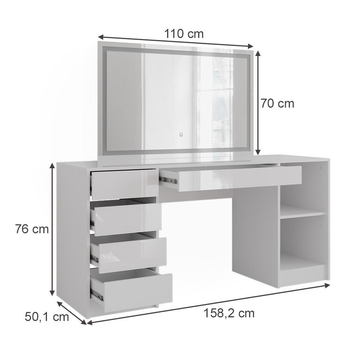 SCHMINKTISCH Sherry Weiß/Weiß Hochglanz 158.2 cm mit LED-Spiegel - Weiß Hochglanz, Holzwerkstoff (158.2/76/50.1cm) - Vicco