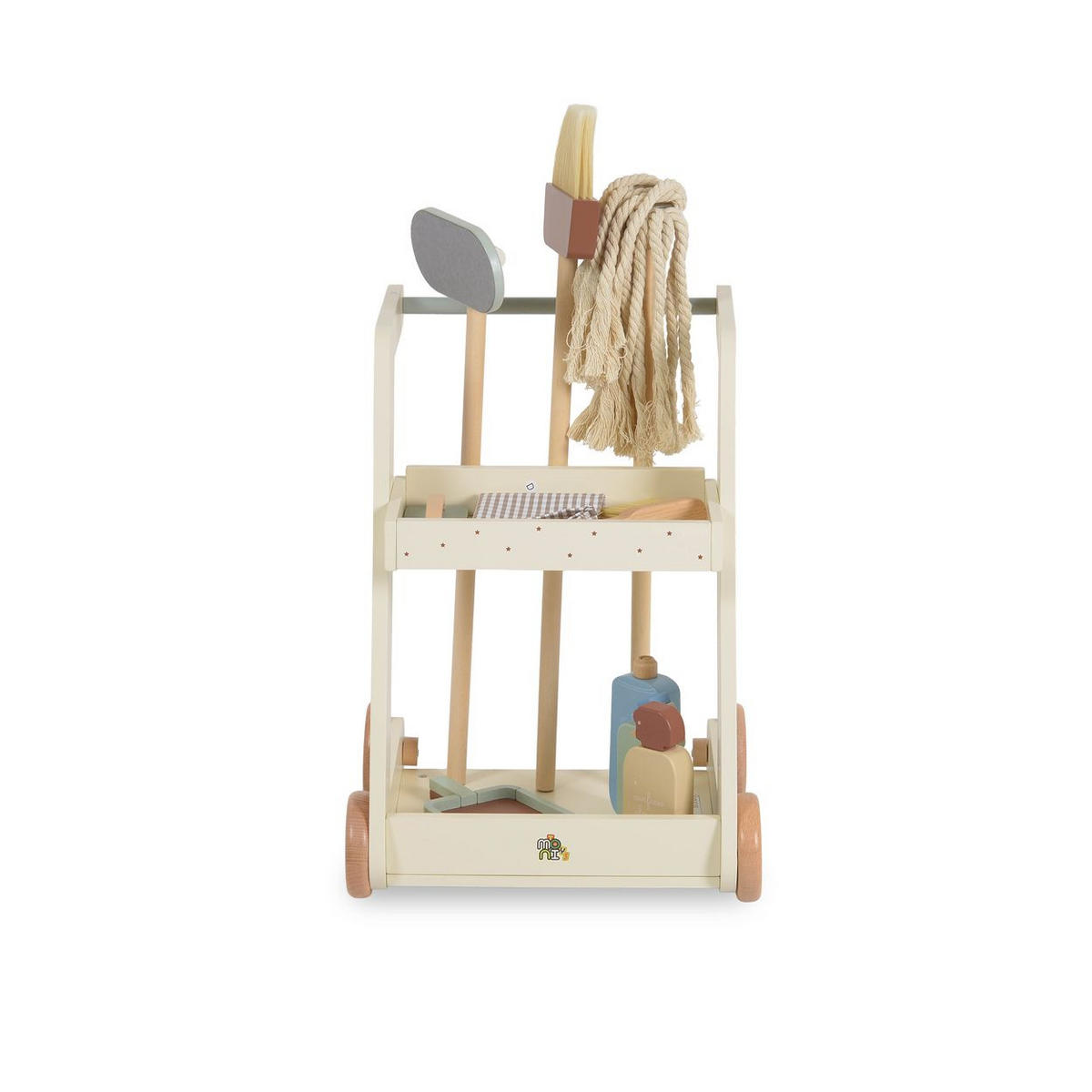 HAUSHALTSSPIELZEUG Spielzeug-Putzwagen W10D787 beige Holz, Besen, Mopp, Schwamm, Bürste, Räder, Rollenspiel, Putzen - Beige, Holz (43/69/34cm) - Moni