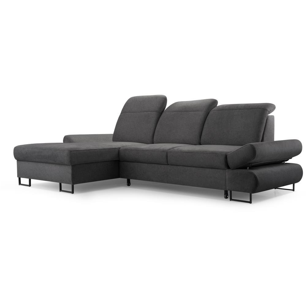 ECKSCHLAFSOFA Karo mit verstellbaren Kopfstützen Graphit links - Schwarz/Graphitfarben, Textil/Metall (265/156cm) - Beautysofa