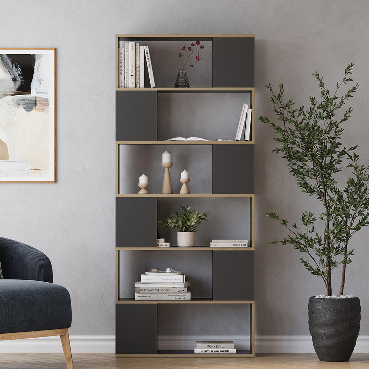 RAUMTEILER Eneos Anthrazit/Eiche 80 x 186 cm - Eichefarben/Anthrazit, Holzwerkstoff (80/186/24cm) - Vicco