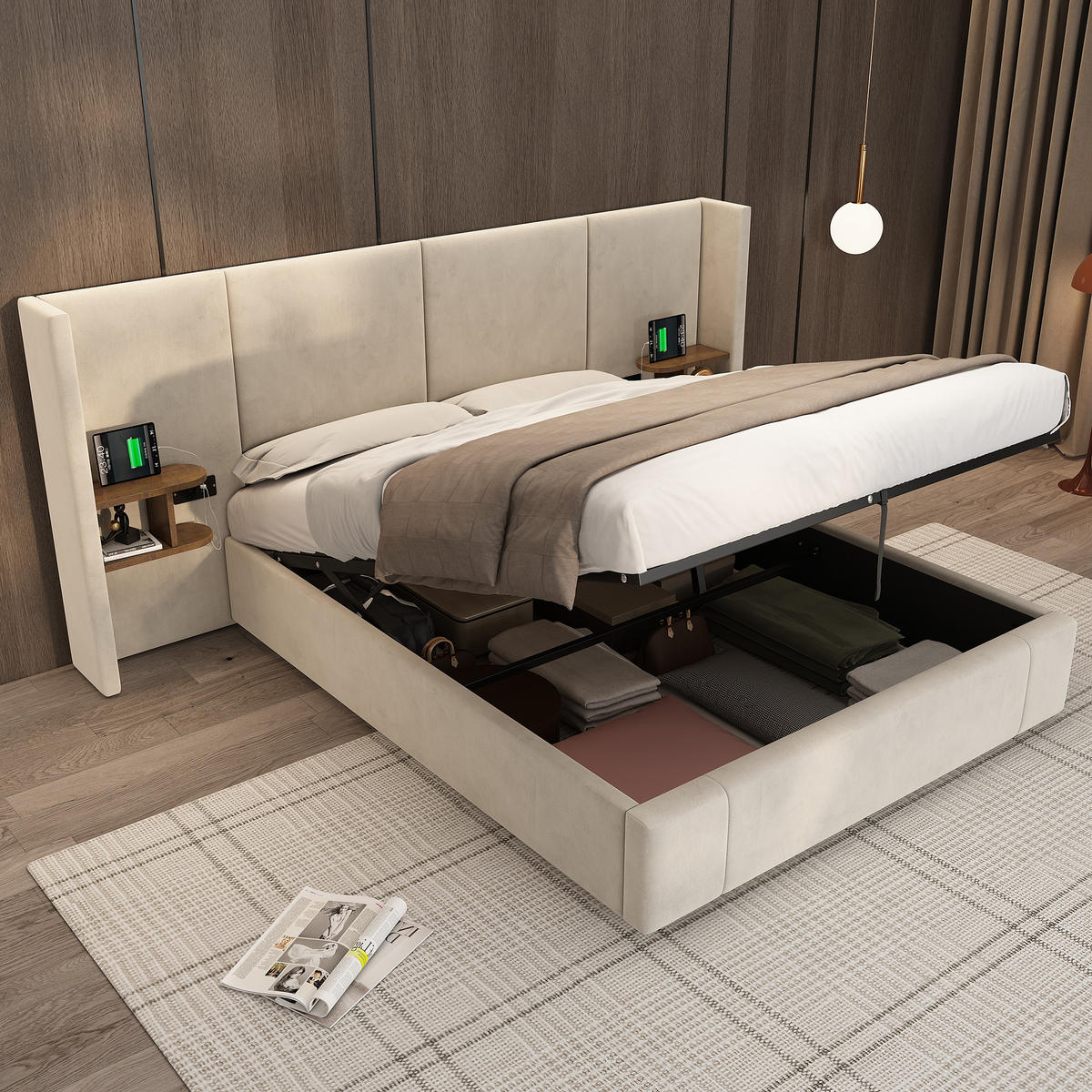 POLSTERBETT 160/200 cm Beige Samt mit hydraulischem Bettkasten und USB- und Type-C-Anschlüssen - Beige, Textil (160/200cm) - OKWISH