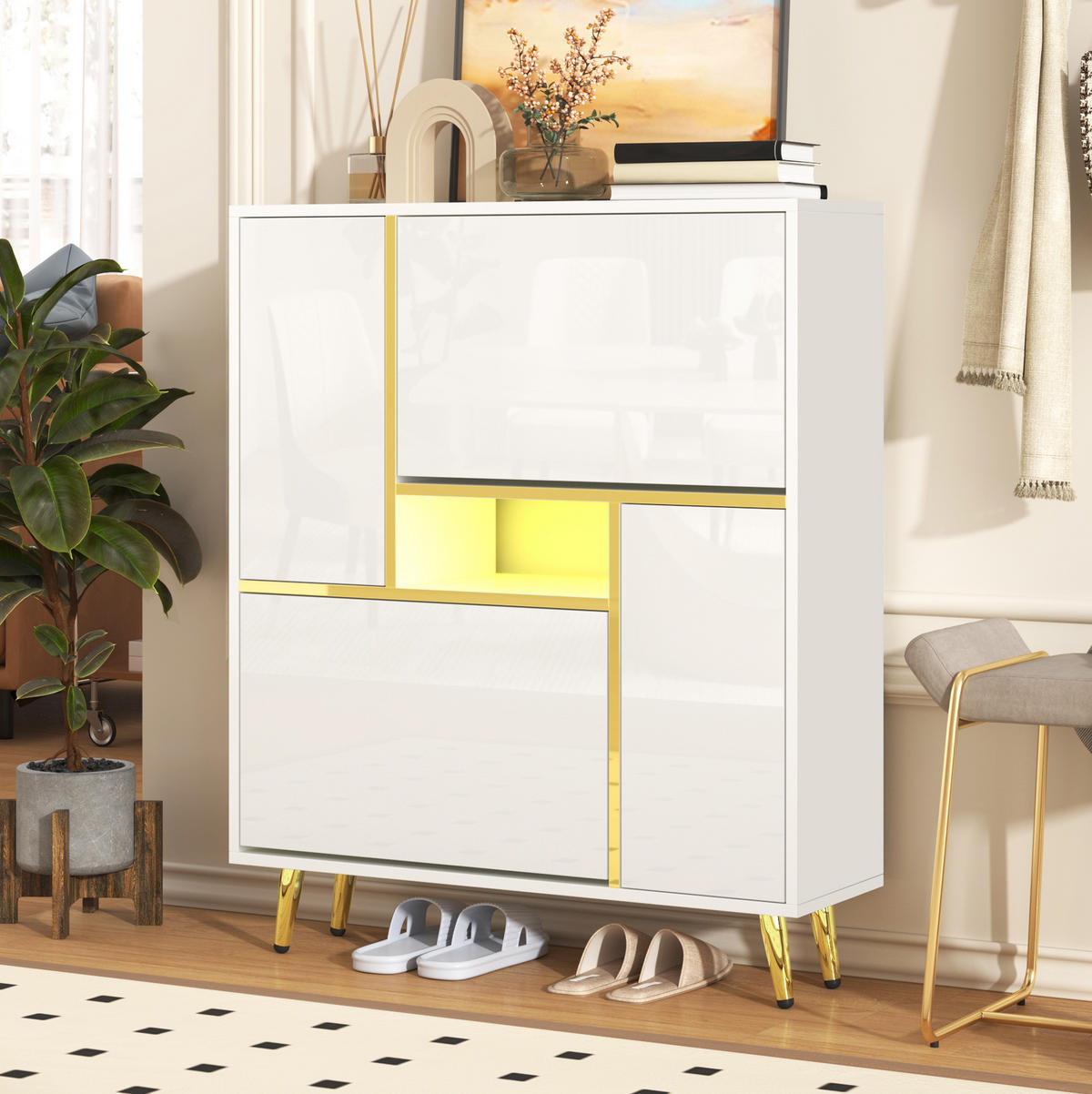 SCHUHSCHRANK 80/25/96 cm in Weiß mit Hochglanzfront und LED-Beleuchtung - Weiß, Holzwerkstoff (80/96/25cm) - Flora Grace
