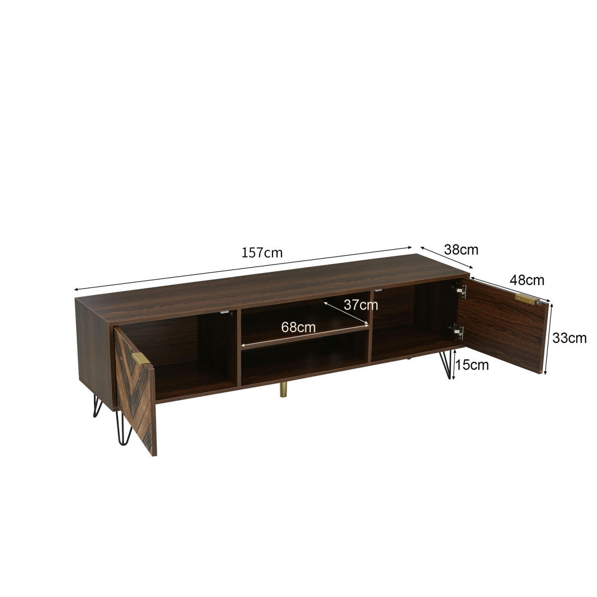 TV-LOWBOARD mit 2 Türen, Fächern, Holzfurnier, Goldgriffen und Eisenfüßen - Weiß, Holz (120/63/30cm) - PARAFTA HOME