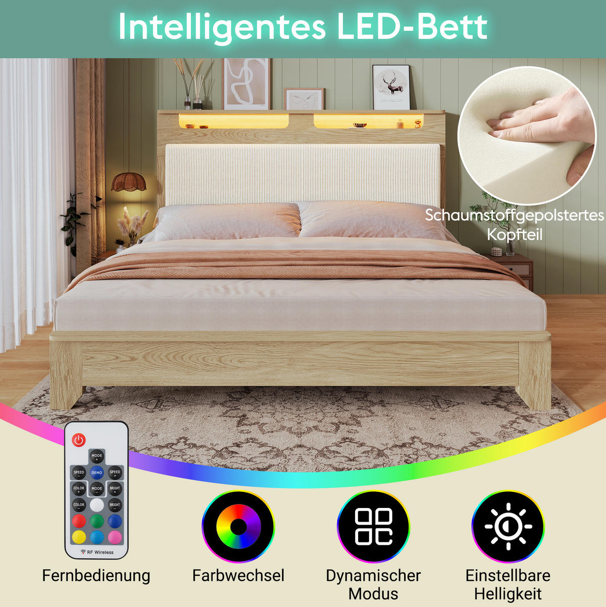 OBLAZINJENA postelja 140/200 cm z LED osvetlitvijo, klopjo s shrambo in kordnim vzglavjem, Svetel hrast/Bež - bež, tekstil (140/200cm) - Redom
