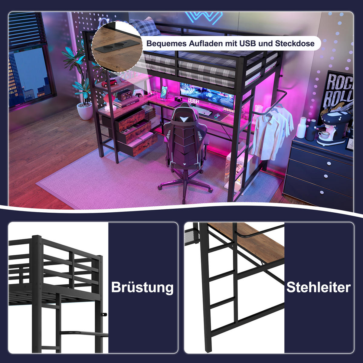 HOCHBETT 90x200cm Schwarz LED-Licht Schreibtisch Steckdose USB 3 Schubladen - Schwarz, Metall (90/200cm) - FLIEKS