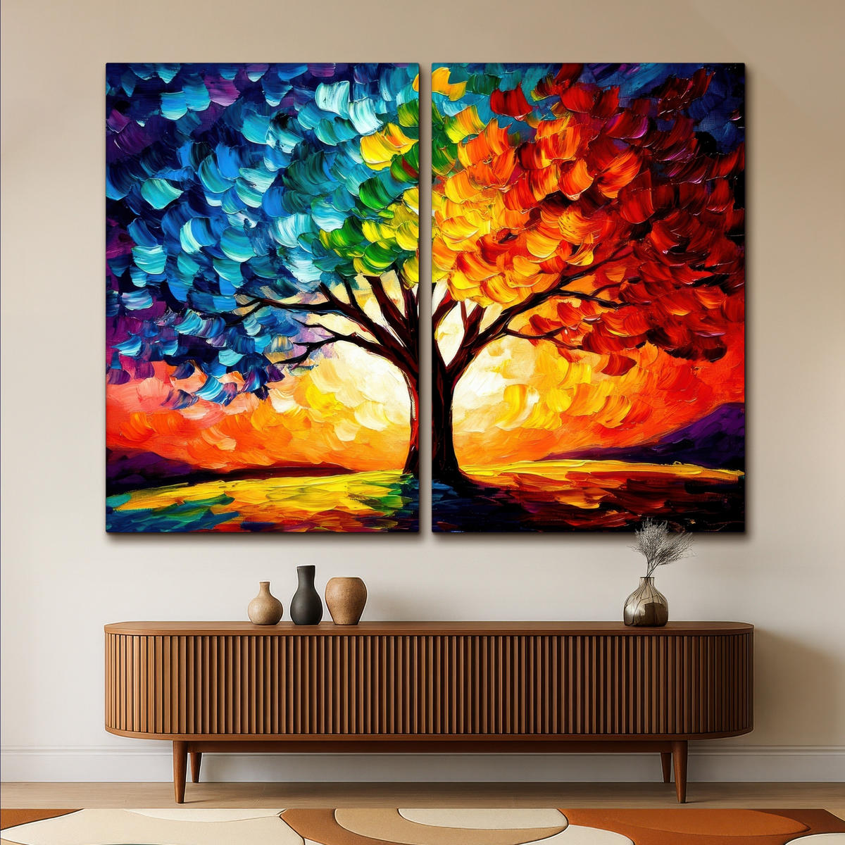 LEINWANDBILD 2er Set Baum - Farbenfroh - Malerei-Look - Abstrakt 240x180 cm - Multicolor, Textil (240/180cm) - MuchoWow