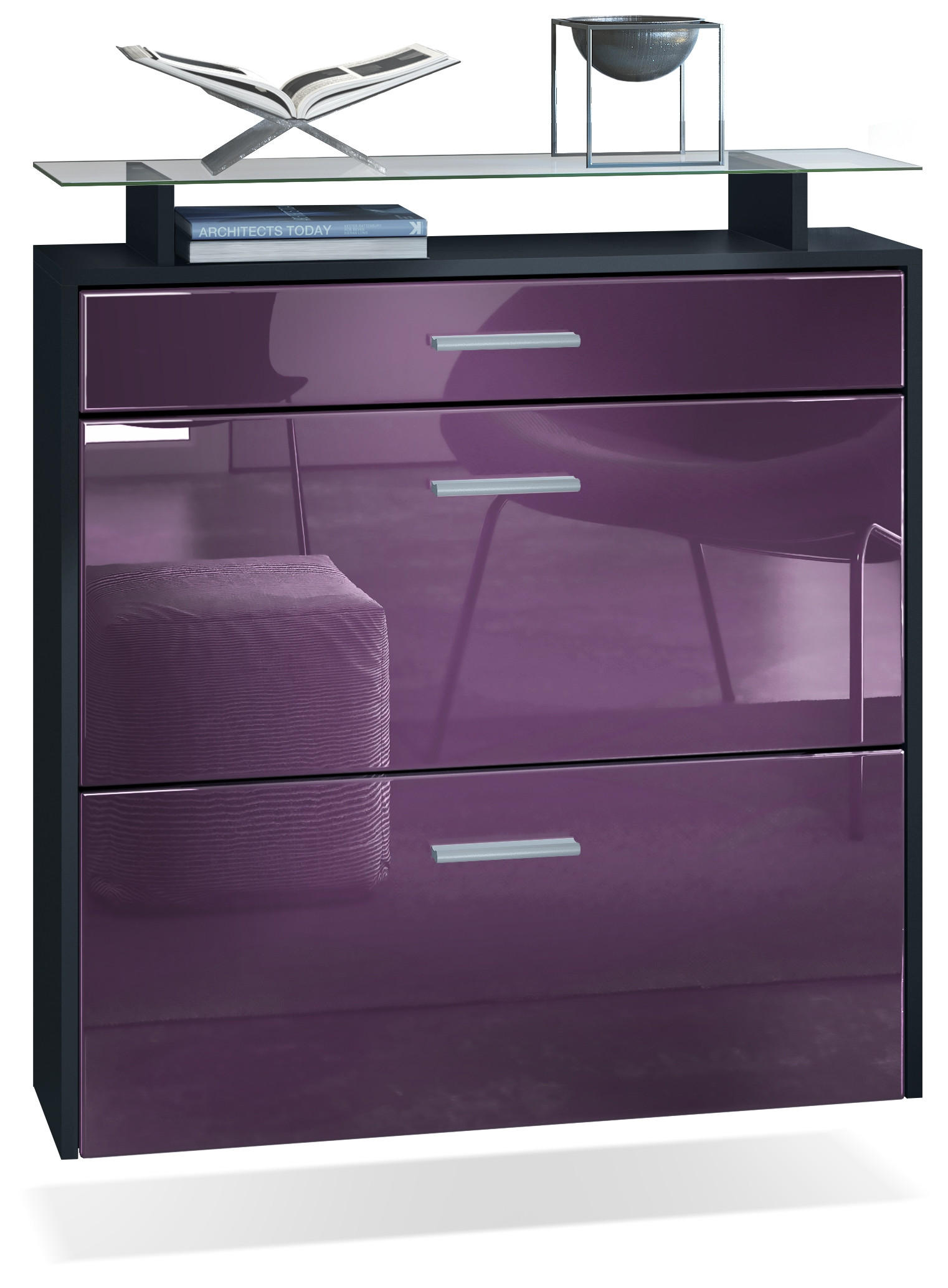 SCHUHSCHRANK Malea Front in Brombeer Hochglanz - Brombeere, Holzwerkstoff (89/96/23cm) - Vladon