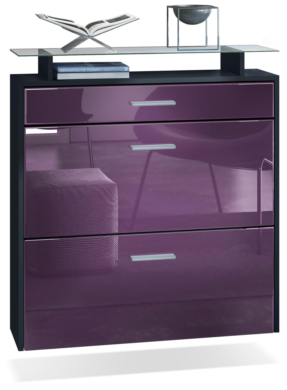 SCHUHSCHRANK Malea Front in Brombeer Hochglanz - Brombeere, Holzwerkstoff (89/96/23cm) - Vladon